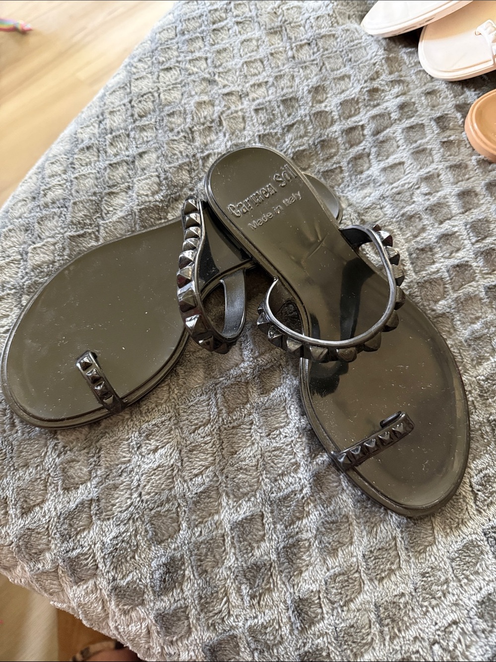 Black Studded Toe-Loop Slide Sandals - Made in Italy